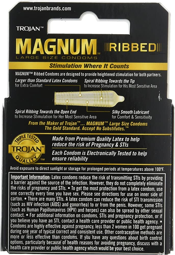 TROJAN MAGNUM Ribbed Large Size Condoms, 3 Count (Pack of 6)